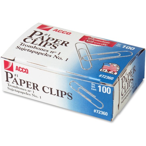 PAPER CLIPS, MEDIUM (NO. 1), SILVER, 100/BOX, 10 BOXES/PACK
