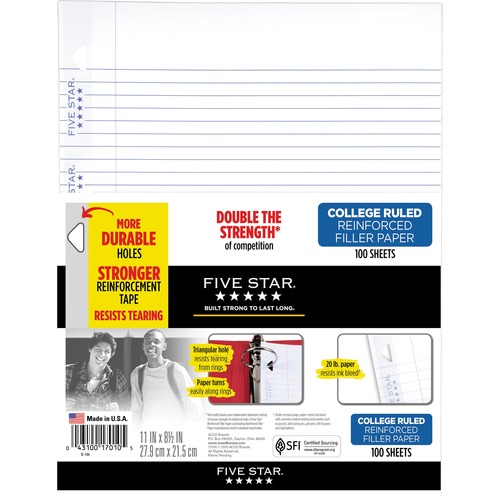 Reinforced Filler Paper, 20lb, College Rule, 11 X 8 1/2, White, 100 Sheets