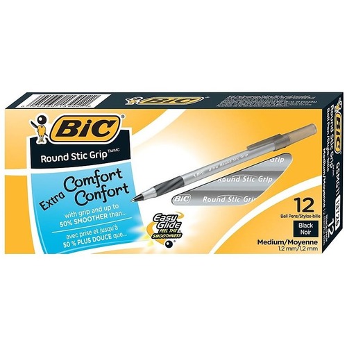 ROUND STIC GRIP XTRA COMFORT STICK BALLPOINT PEN, 1.2MM, BLACK INK, GRAY BARREL, DOZEN