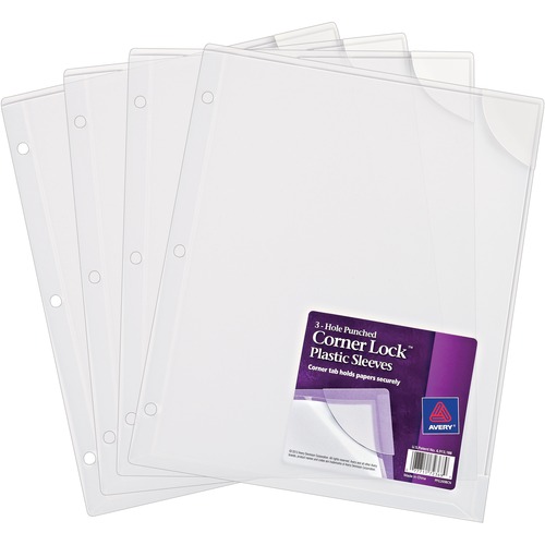 Three-Hole Punched Corner Lock Plastic Sleeves, 11 3/4 X 9 1/2, Clear, 4/pack