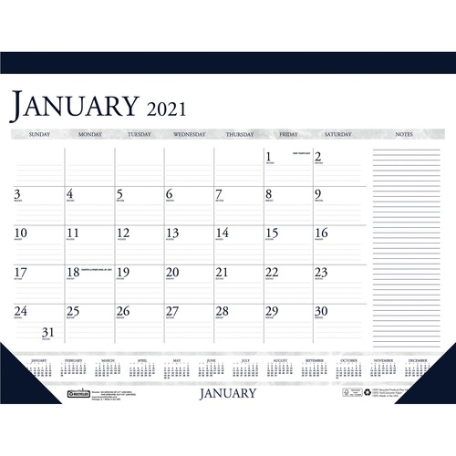 RECYCLED TWO-COLOR MONTHLY DESK PAD CALENDAR W/LARGE NOTES SECTION, 22X17, 2019
