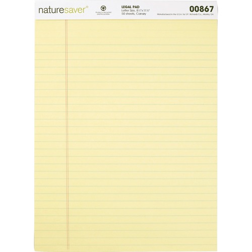 Nature Saver  Recycled Pad, Wide Ruled, 8-1/2"x11-3/4", 50 Sheets, Canary