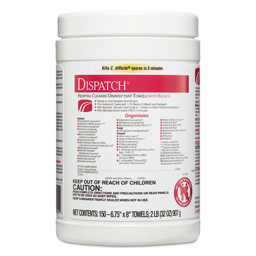 Dispatch Cleaner Disinfectant Towels, 6 3/4 X 8, 150/can