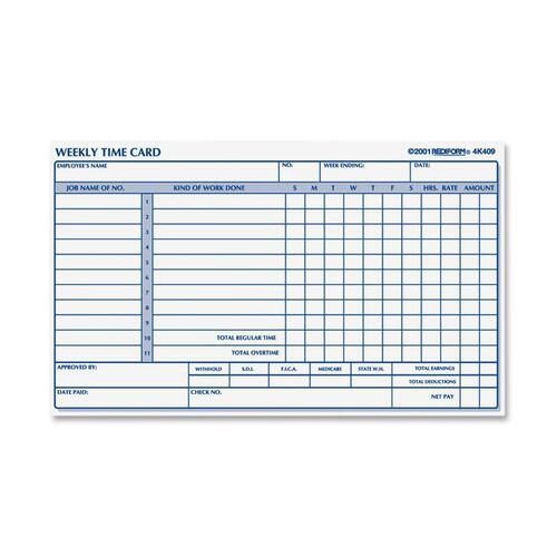 Employee Time Card, Weekly, 4-1/4 X 7, 100/pad