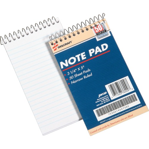 7530014547392 SKILCRAFT NOTEPAD, NARROW RULE, BLUE COVER, 3.25 X 5.5, 50 SHEETS, DOZEN