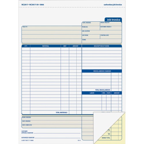 Job Invoice Forms,2-Part,Corbels,100 St./BK,8-1/2"x11-7/16"