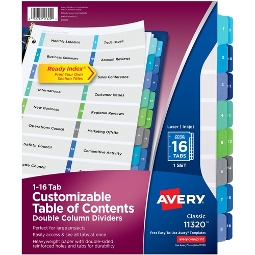 CUSTOMIZABLE TOC READY INDEX DOUBLE COLUMN MULTICOLOR DIVIDERS, 16-TAB, LETTER