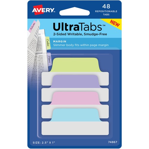 ULTRA TABS REPOSITIONABLE TABS, 2.5 X 1, ASSORTED PASTEL, 48/PK