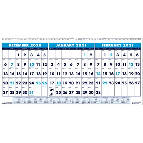RECYCLED THREE-MONTH HORIZONTAL WALL CALENDAR, 17 X 8, 14-MONTH, 2018-2020
