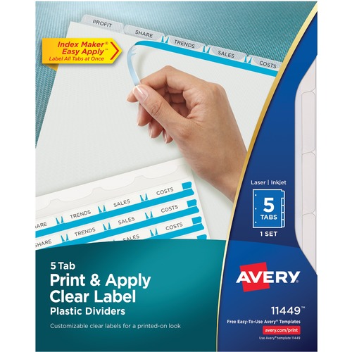 PRINT AND APPLY INDEX MAKER CLEAR LABEL PLASTIC DIVIDERS, 5-TAB, LETTER