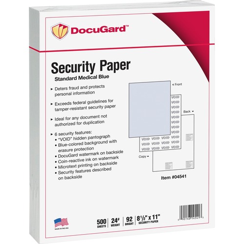 Standard Medical Security Paper, Blue, 6 Features, 8 1/2 X 11, 500/ream
