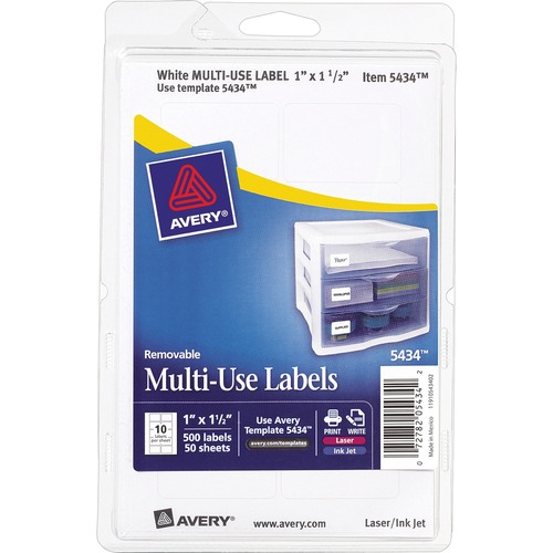 REMOVABLE MULTI-USE LABELS, INKJET/LASER PRINTERS, 1 X 1.5, WHITE, 10/SHEET, 50 SHEETS/PACK