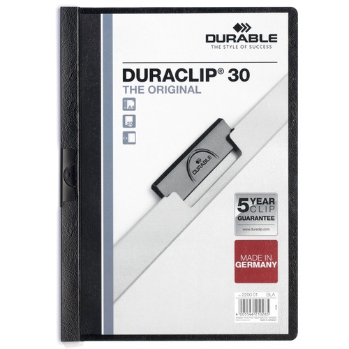 VINYL DURACLIP REPORT COVER W/CLIP, LETTER, HOLDS 30 PAGES, CLEAR/BLACK, 25/BOX