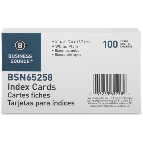 Index Cards, Plain, 90lb., 3"x5", 100/PK, White