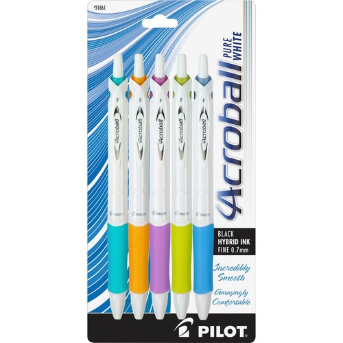 Acroball Pens, Retract, .7mm, 5/PK, WE/-AST Barrel/BK Ink