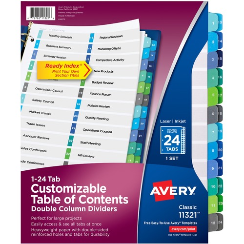 CUSTOMIZABLE TOC READY INDEX DOUBLE COLUMN MULTICOLOR DIVIDERS, 24-TAB, LETTER