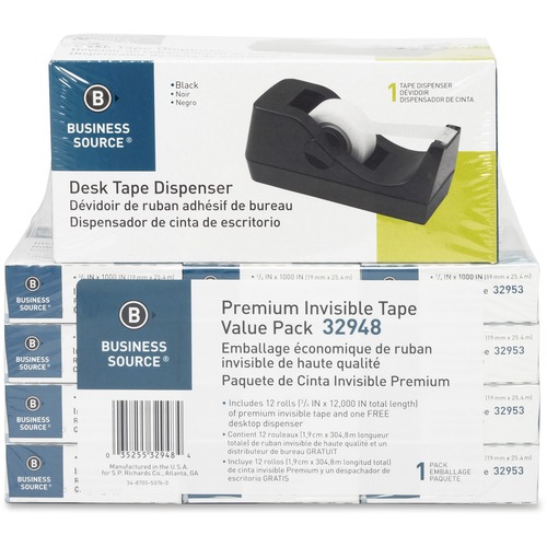 Tape Dispenser Value Pack,1"Core, 3/4"x1000", 12/PK, BLK