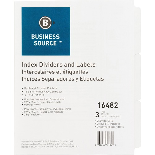 Business Source  Index Dividers, 3HP, 3-Tab, 25 Sets/BX, 8-1/2"x11", WE