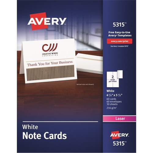 Note Cards, Laser Printer, 4 1/4 X 5 1/2, Uncoated White, 60/pack With Envelopes