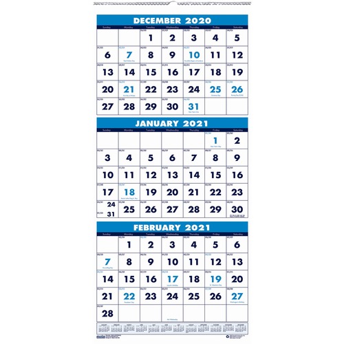 RECYCLED THREE-MONTH FORMAT WALL CALENDAR, 8X17, 14-MONTH (DEC.-JAN.) 2018-2020