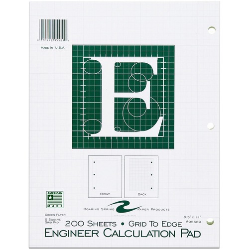 Engineering Pad,5"x5" Quad,3HP,200 Shts,11"x8-1/2",Green