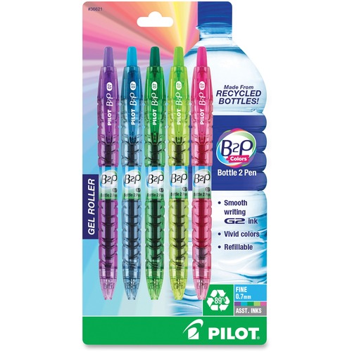 B2p Bottle-2-Pen Colors Recycled Retractable Gel Ink Pen, Assorted, .7mm, 5/pack