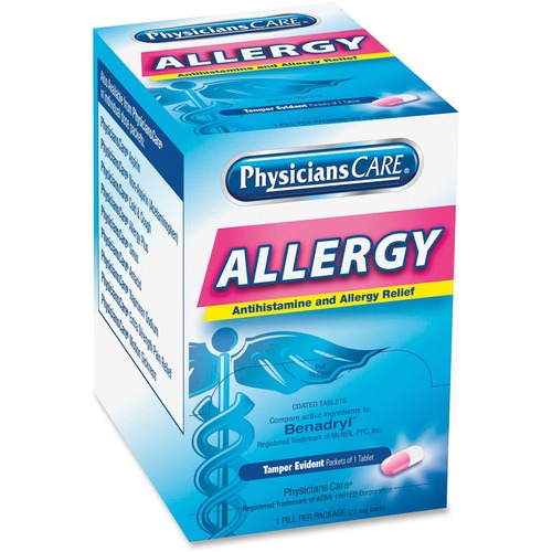 Acme United Corporation  Allergy Relief Tablet Packets, 50/BX, Blue