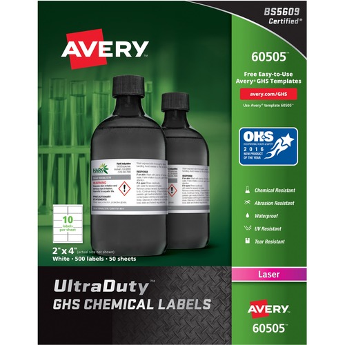 GHS CHEMICAL WATERPROOF & UV RESISTENT LABELS, LASER, 2 X 4, 500/BOX
