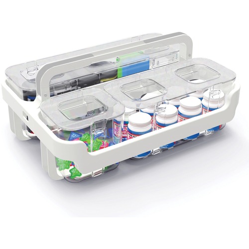STACKABLE CADDY ORGANIZER WITH S, M AND L CONTAINERS, WHITE CADDY, CLEAR CONTAINERS