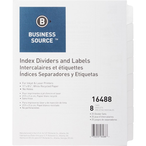 Index Dividers, Unpunched, 8-Tab, 25 Sets/BX, White