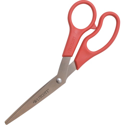 VALUE LINE STAINLESS STEEL SHEARS, 8" LONG, 3.5" CUT LENGTH, RED OFFSET HANDLE