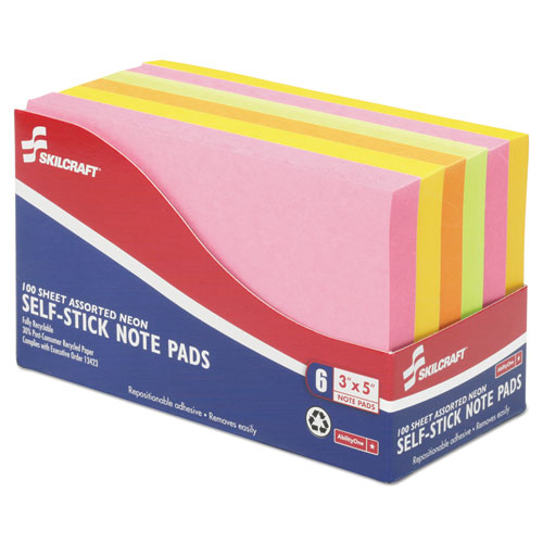 7530014181420 SKILCRAFT SELF-STICK NOTE PADS, 3 IN X 5 IN, UNRULED, ASSORTED NEON COLORS