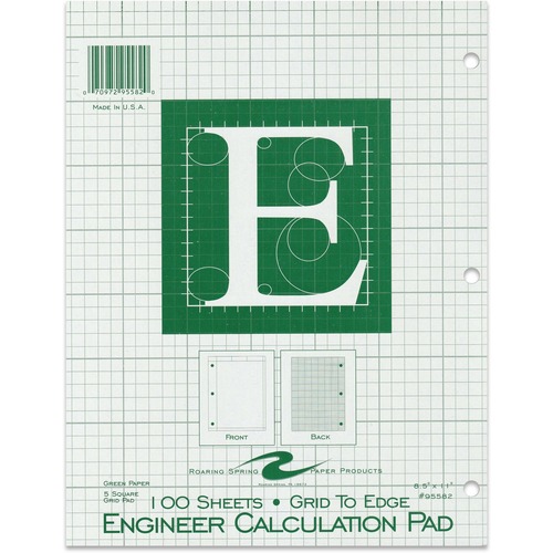 Engineering Pad,5"x5" Quad,3HP,100 Shts,11"x8-1/2",Green
