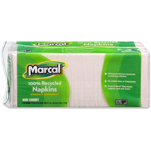 100(percent) RECYCLED LUNCH NAPKINS, 1-PLY, 11.4 X 12.5, WHITE, 400/PACK