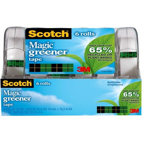 Magic Greener Tape In Refillable Dispenser, 3/4" X 600", 1" Core, 6/pack