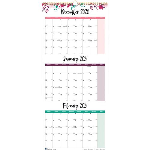 Wall Calendar, 3-Month Spreads, Jan-Dec, 12-1/2"x27"