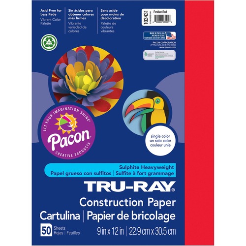 Tru-Ray Construction Paper, 76 Lbs., 9 X 12, Festive Red, 50 Sheets/pack