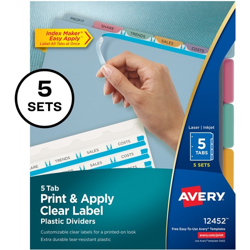 PRINT AND APPLY INDEX MAKER CLEAR LABEL PLASTIC DIVIDERS WITH PRINTABLE LABEL STRIP, 5-TAB, 11 X 8.5, TRANSLUCENT, 5 SETS