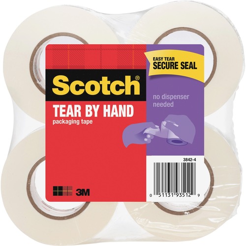 Tear-By-Hand Packaging Tape, 1.88" X 50yds, 1 1/2" Core, Clear, 4/pack