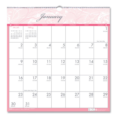 RECYCLED BREAST CANCER AWARENESS MONTHLY WALL CALENDAR, 12 X 12, 2019