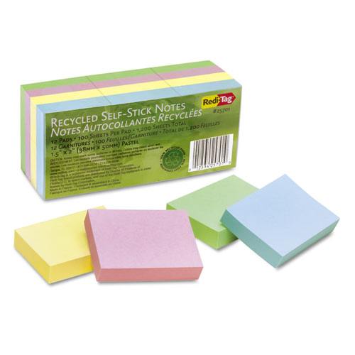 100(percent) Recycled Notes, 1 1/2 X 2, Four Pastel Colors, 12 100-Sheet Pads/pack