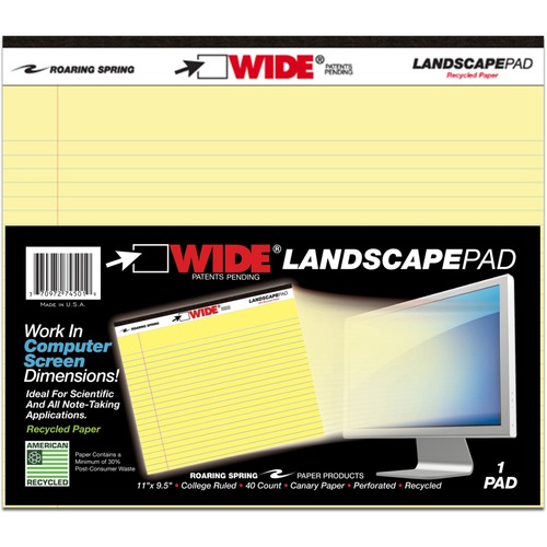 Wide Landscape Format Writing Pad, College Ruled, 11 X 9 1/2, Canary, 40 Sheets