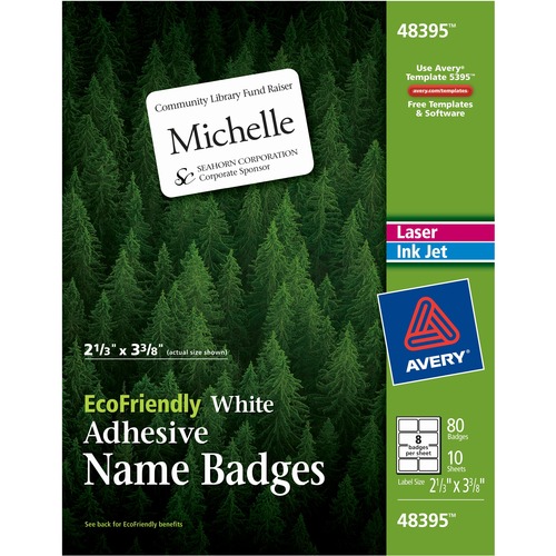 Ecofriendly Adhesive Name Badge Labels, 2 1/3 X 3 3/8, White, 80/pack