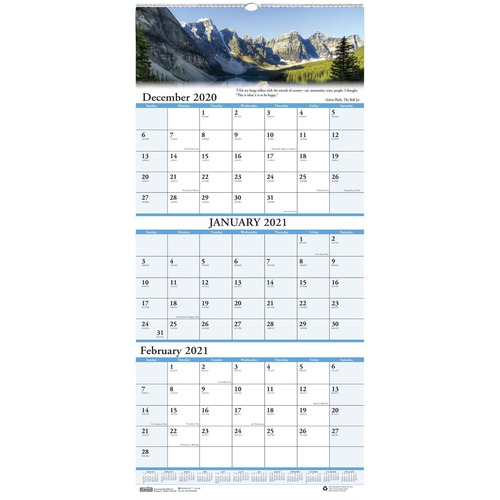 RECYCLED SCENIC LANDSCAPES THREE-MONTH/PAGE WALL CALENDAR, 12.25 X 26, 2018-2020