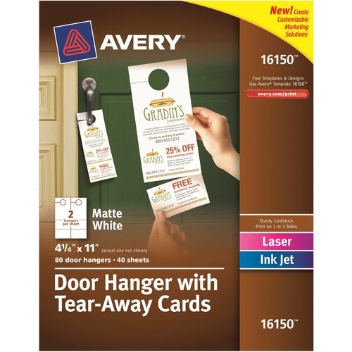 Door Hanger W/tear-Away Cards, 4 1/4 X 11, Matte White, 10/sheet, 40 Sheets/pack