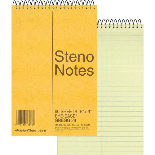 STANDARD SPIRAL STENO BOOK, GREGG RULE, 6 X 9, EYE-EASE GREEN, 60 SHEETS