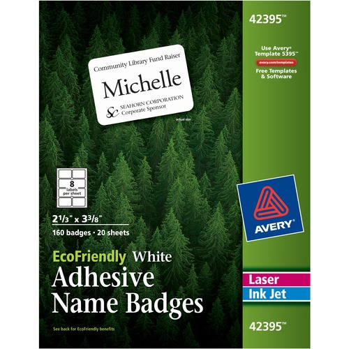 Ecofriendly Adhesive Name Badge Labels, 2 1/3 X 3 3/8, White, 160/box