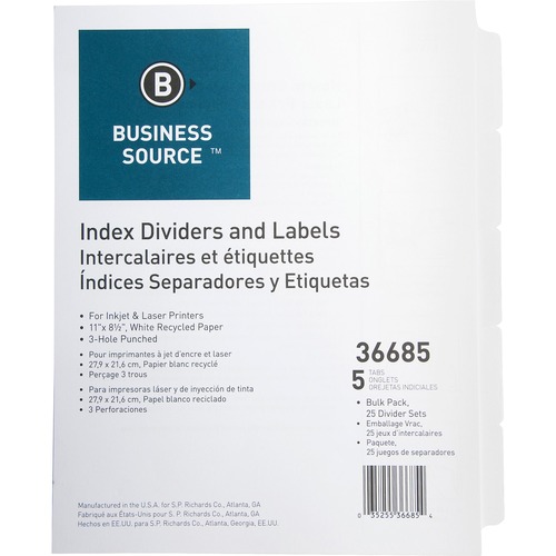 Index Dividers, 3HP, 5-Tab, 25 ST/PK, 11"x8-1/2", White