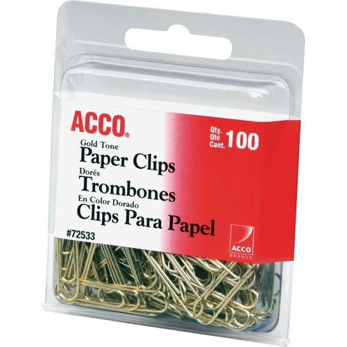 Paper Clips, Standard, .031 Wire Gauge, 100/PK, Gold
