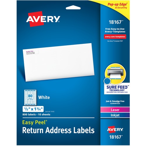Return Address Label,Laser/Inkjet,1/2"x1/3/4",800/PK,White